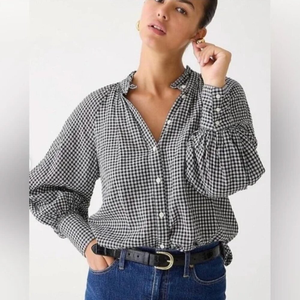 J.Crew Ruffleneck Button-up Shirt in Black and White Plaid Soft Gauze Size 14